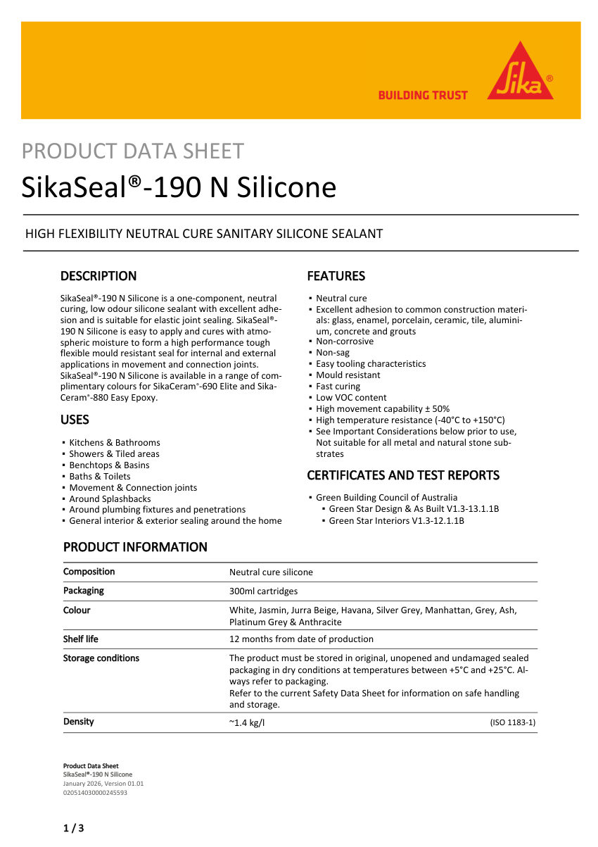 Sika SikaSeal®-190 N Silicone cut sheet — first page