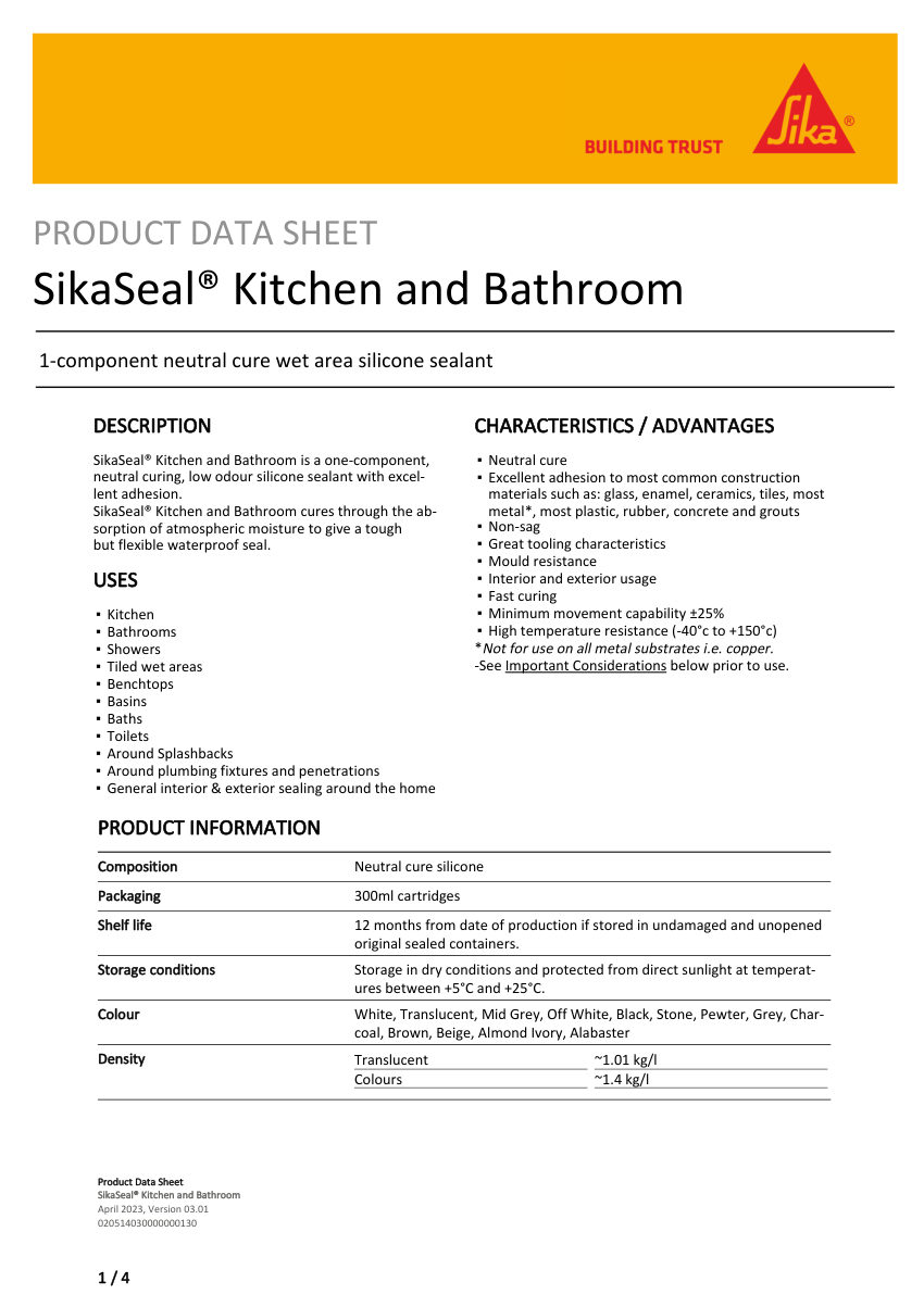 Sika SikaSeal® Kitchen and Bathroom cut sheet — first page