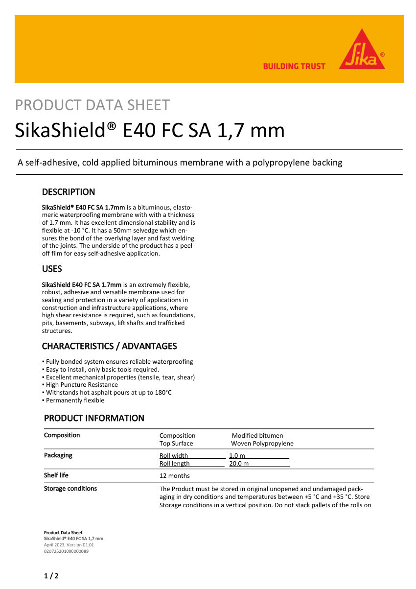 Sika SikaShield® E40 FC SA 1,7 mm cut sheet — first page