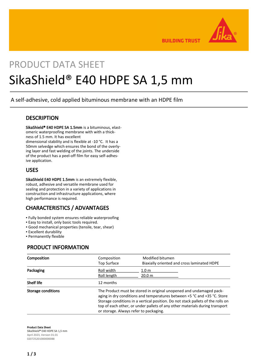 Sika SikaShield® E40 HDPE SA 1,5 mm cut sheet — first page