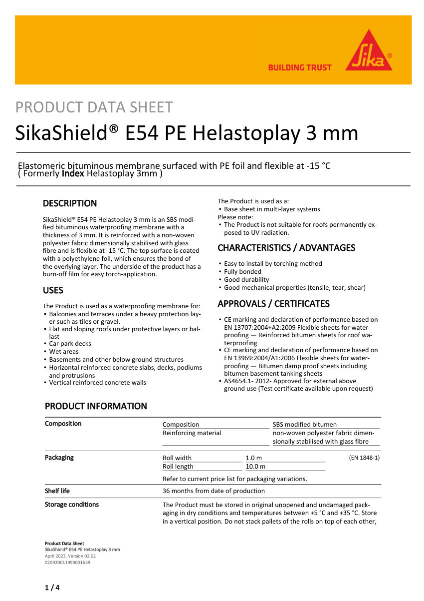 Sika SikaShield® E54 PE Helastoplay 3 mm cut sheet — first page