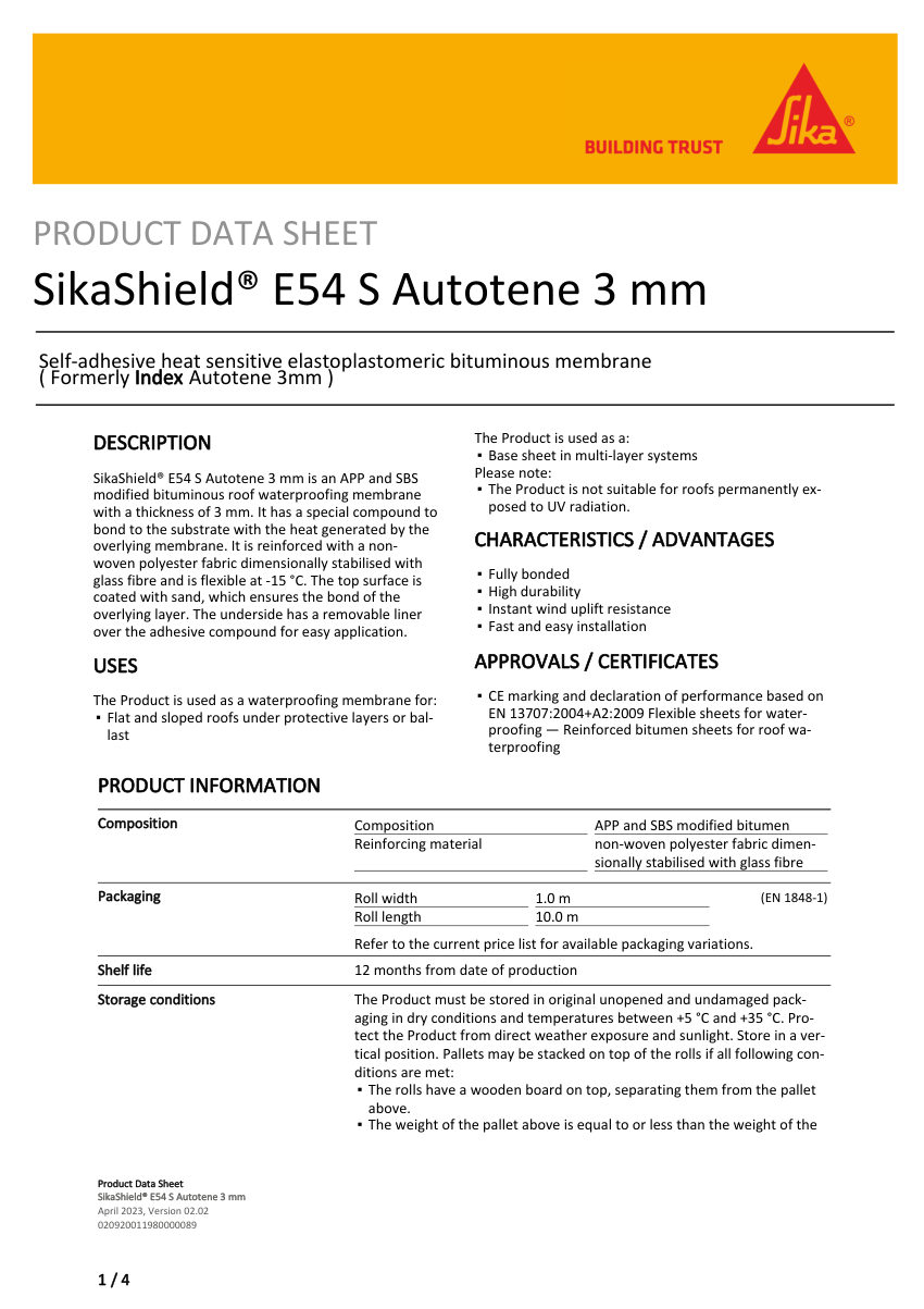 Sika SikaShield® E54 S Autotene 3 mm cut sheet — first page