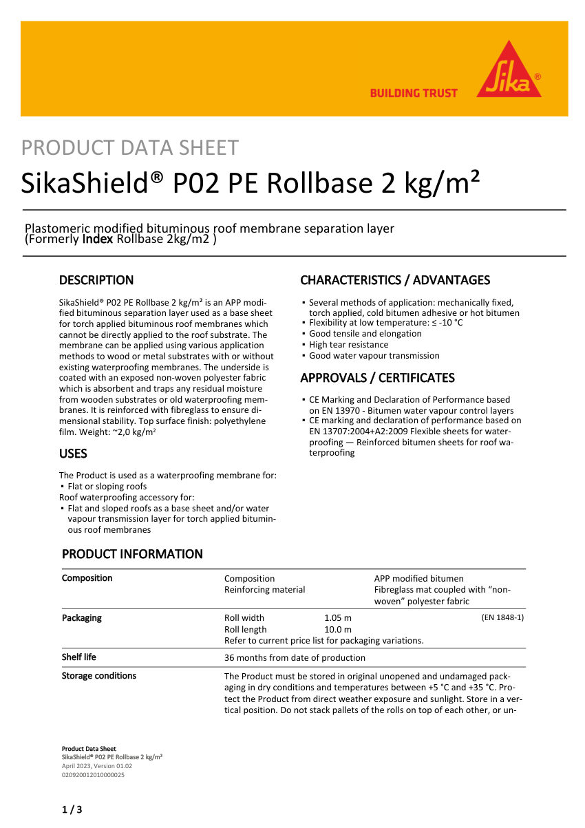 Sika SikaShield® P02 PE Rollbase 2 kg/m² cut sheet — first page
