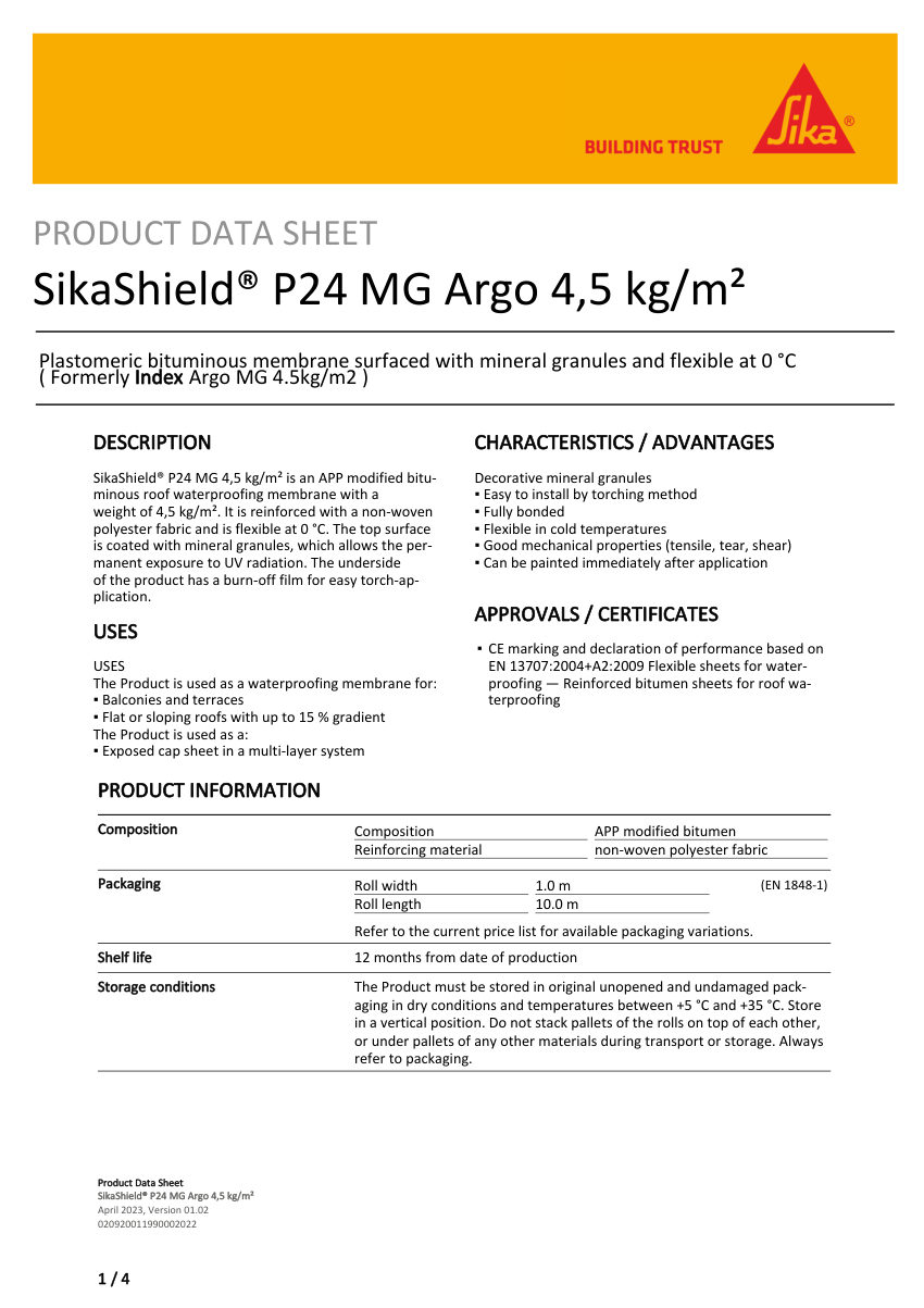 Sika SikaShield® P24 MG Argo 4,5 kg/m² cut sheet — first page