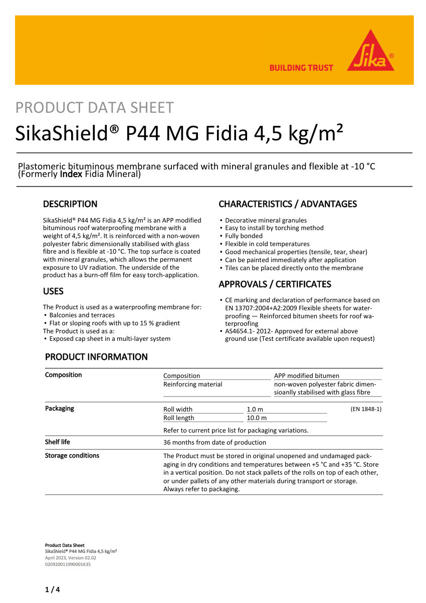 Sika SikaShield® P44 MG Fidia 4,5 kg/m² cut sheet — first page