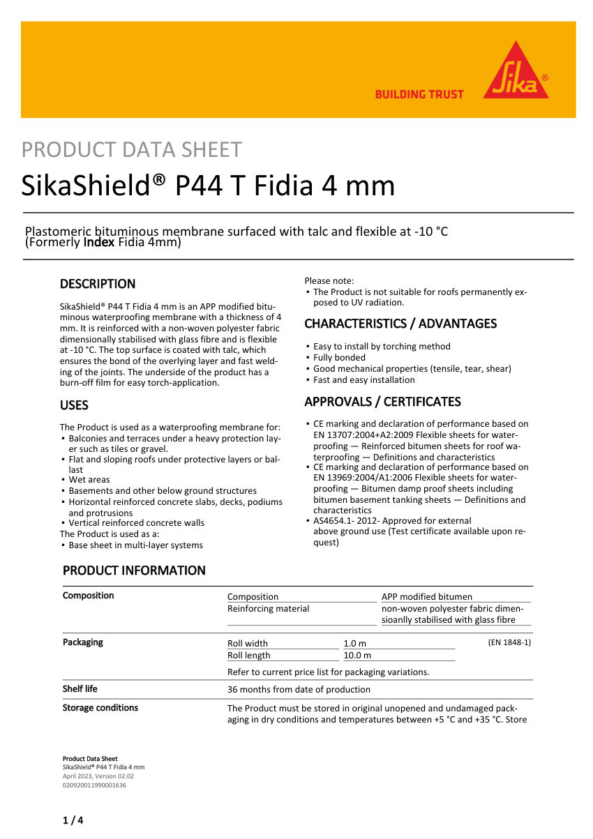 Sika SikaShield® P44 T Fidia 4 mm cut sheet — first page