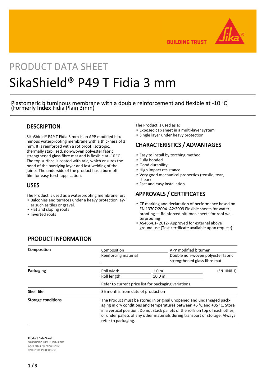 Sika SikaShield® P49 T Fidia 3 mm cut sheet — first page