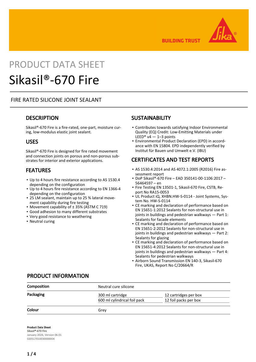 Sika Sikasil®-670 Fire cut sheet — first page