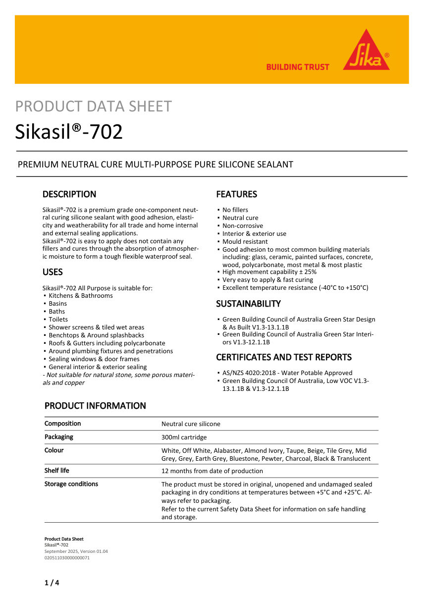Sika Sikasil®-702 cut sheet — first page