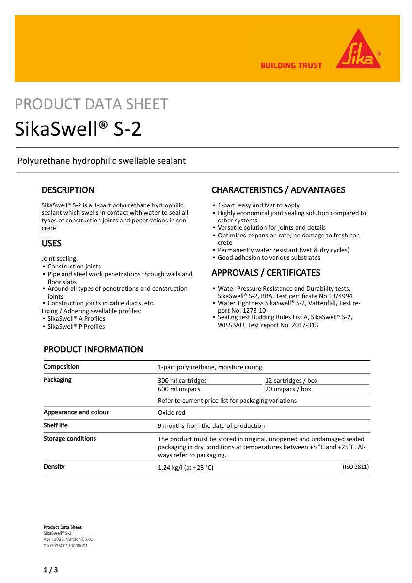 Sika SikaSwell® S-2 cut sheet — first page