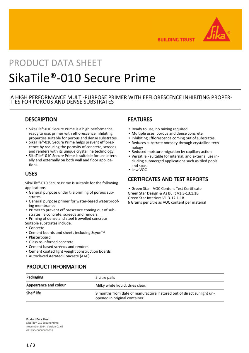 Sika SikaTile®-010 Secure Prime cut sheet — first page