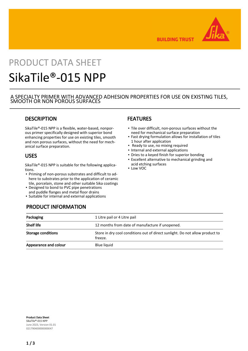 Sika SikaTile®-015 NPP cut sheet — first page
