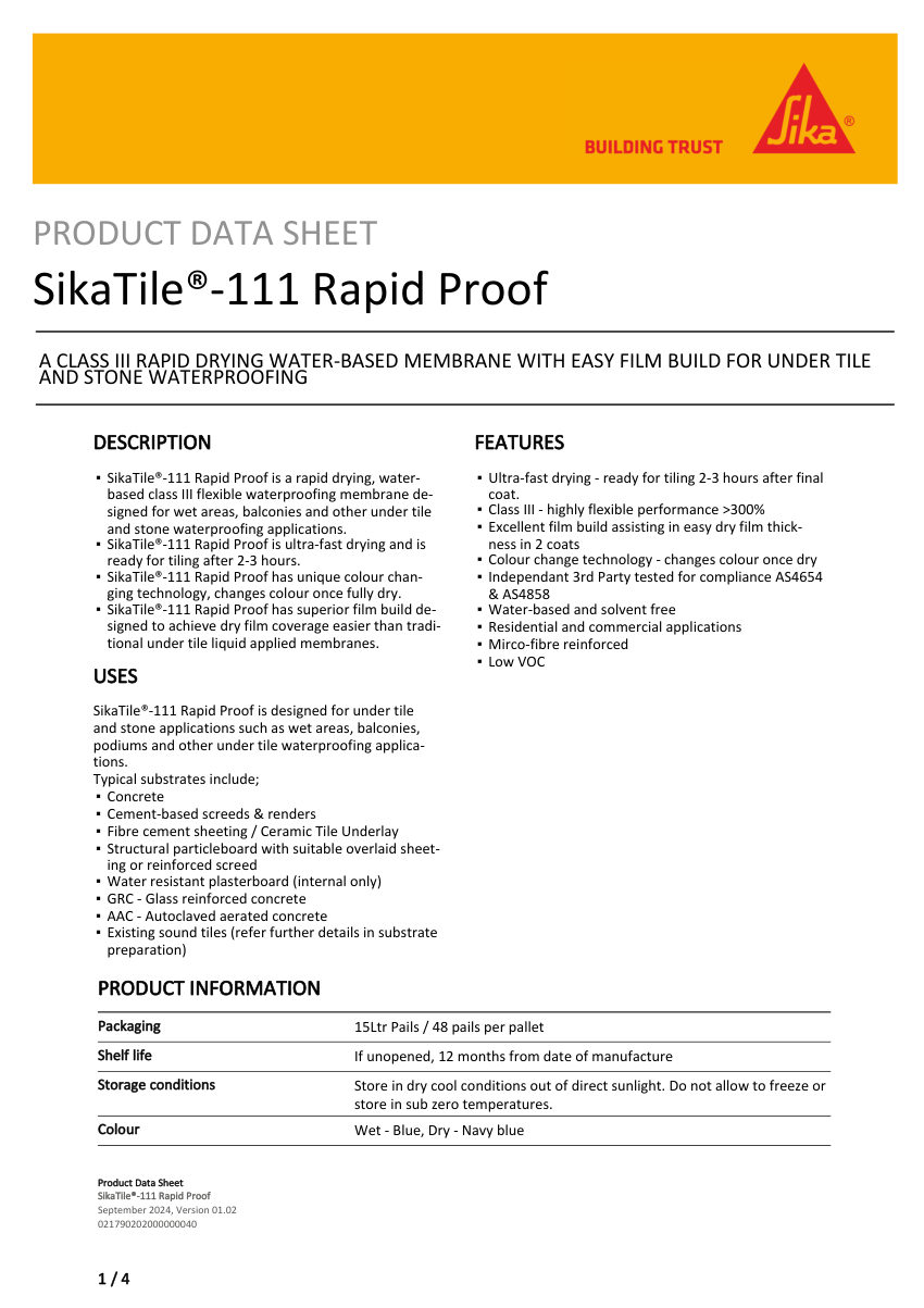 Sika SikaTile®-111 Rapid Proof cut sheet — first page