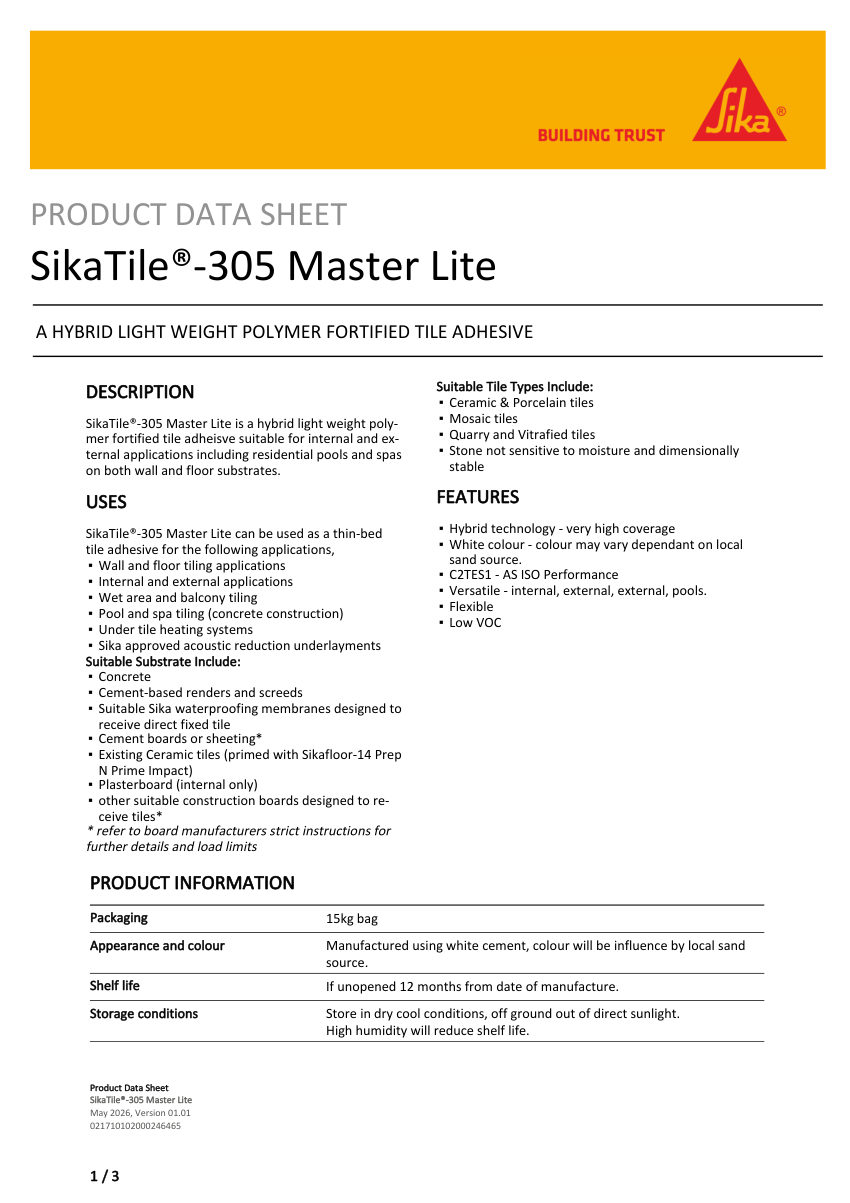 Sika SikaTile®-305 Master Lite cut sheet — first page