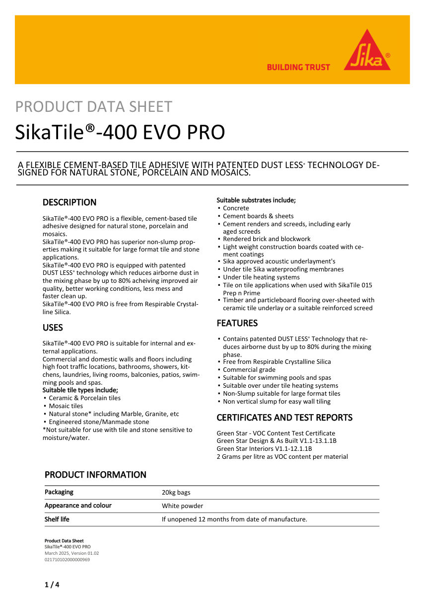 Sika SikaTile®-400 EVO PRO cut sheet — first page