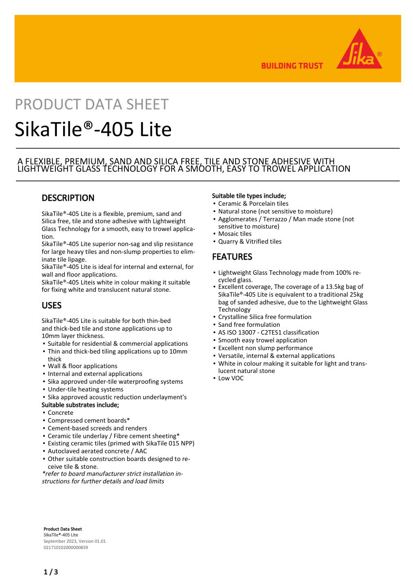 Sika SikaTile®-405 Lite cut sheet — first page