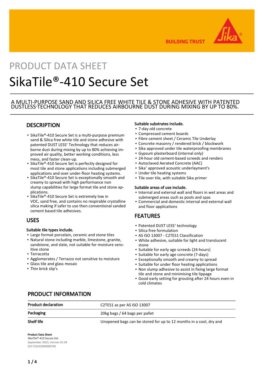 Sika SikaTile®-410 Secure Set cut sheet — first page