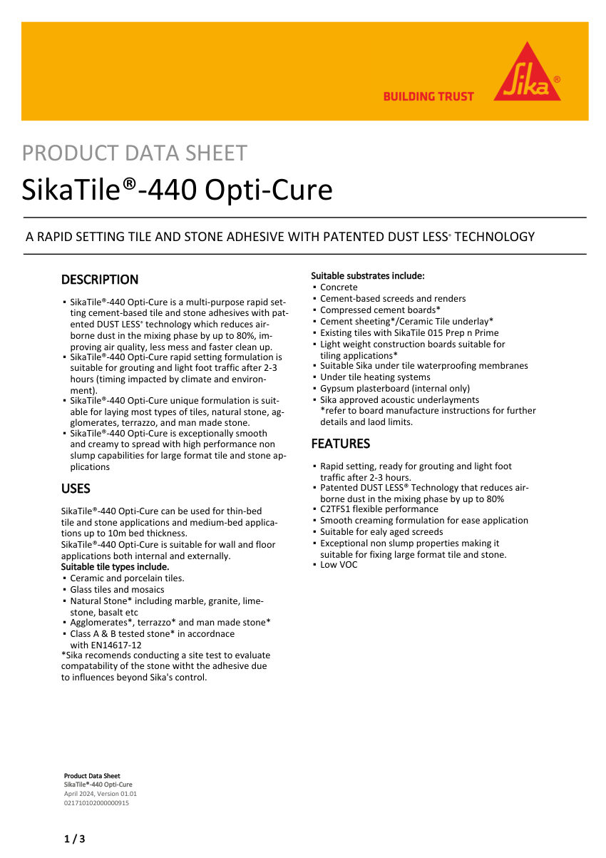 Sika SikaTile®-440 Opti-Cure cut sheet — first page