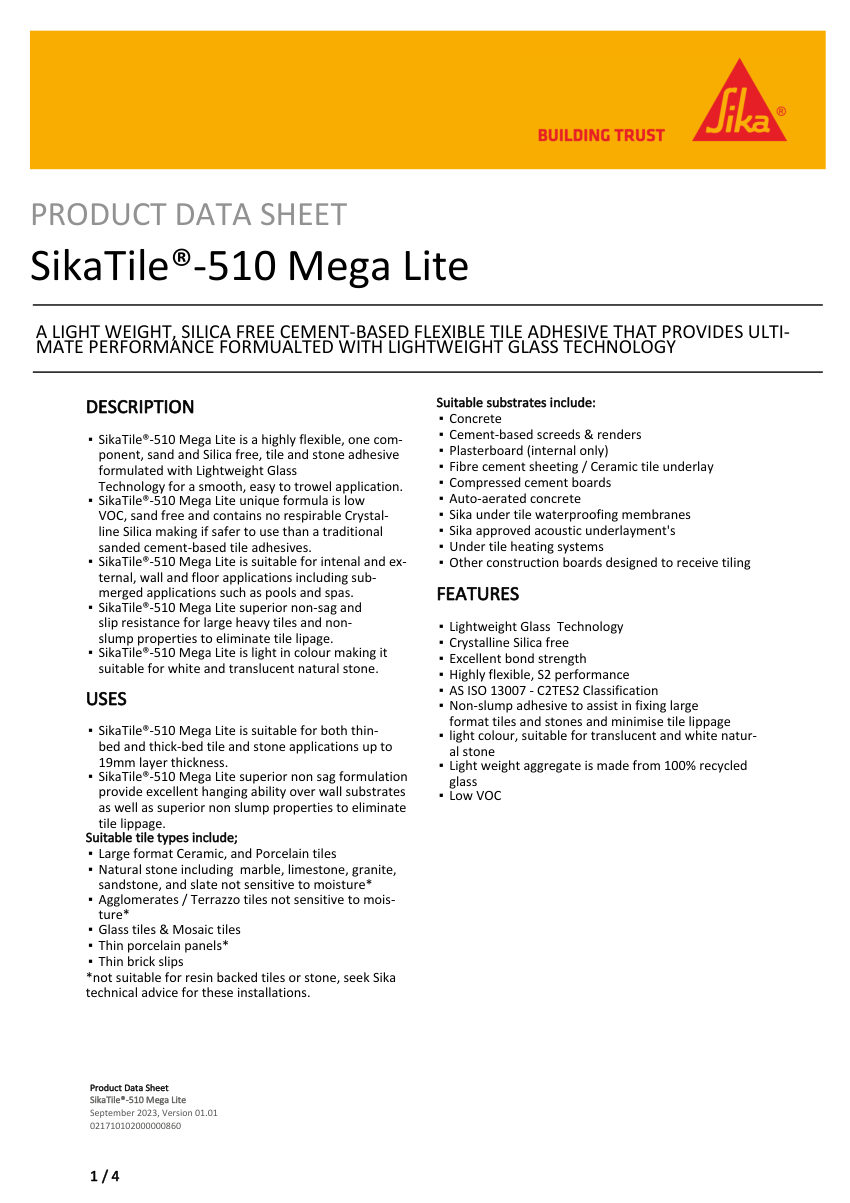 Sika SikaTile®-510 Mega Lite cut sheet — first page