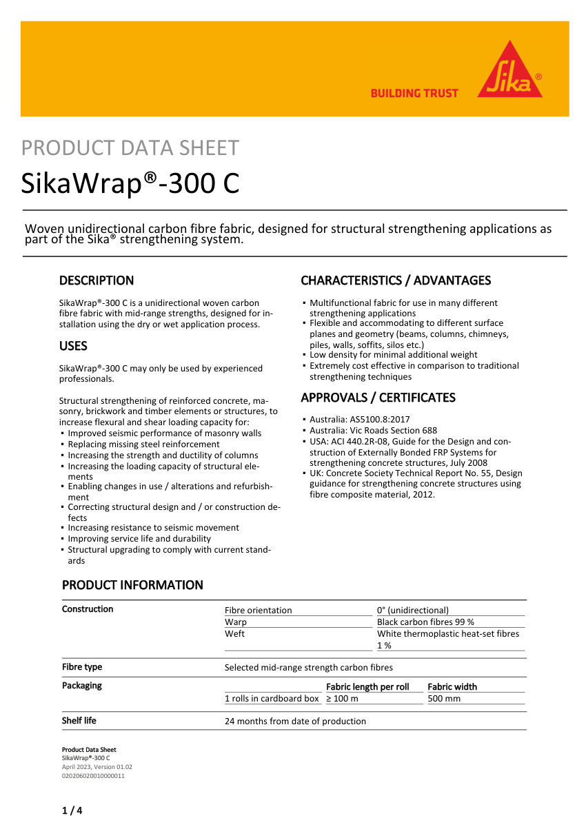 Sika SikaWrap®-300 C cut sheet — first page