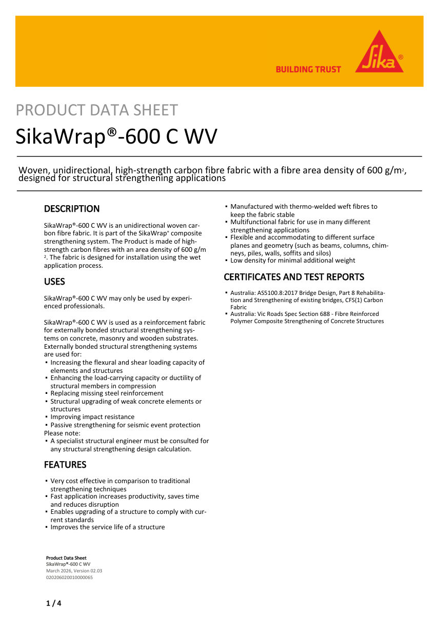 Sika SikaWrap®-600 C WV cut sheet — first page