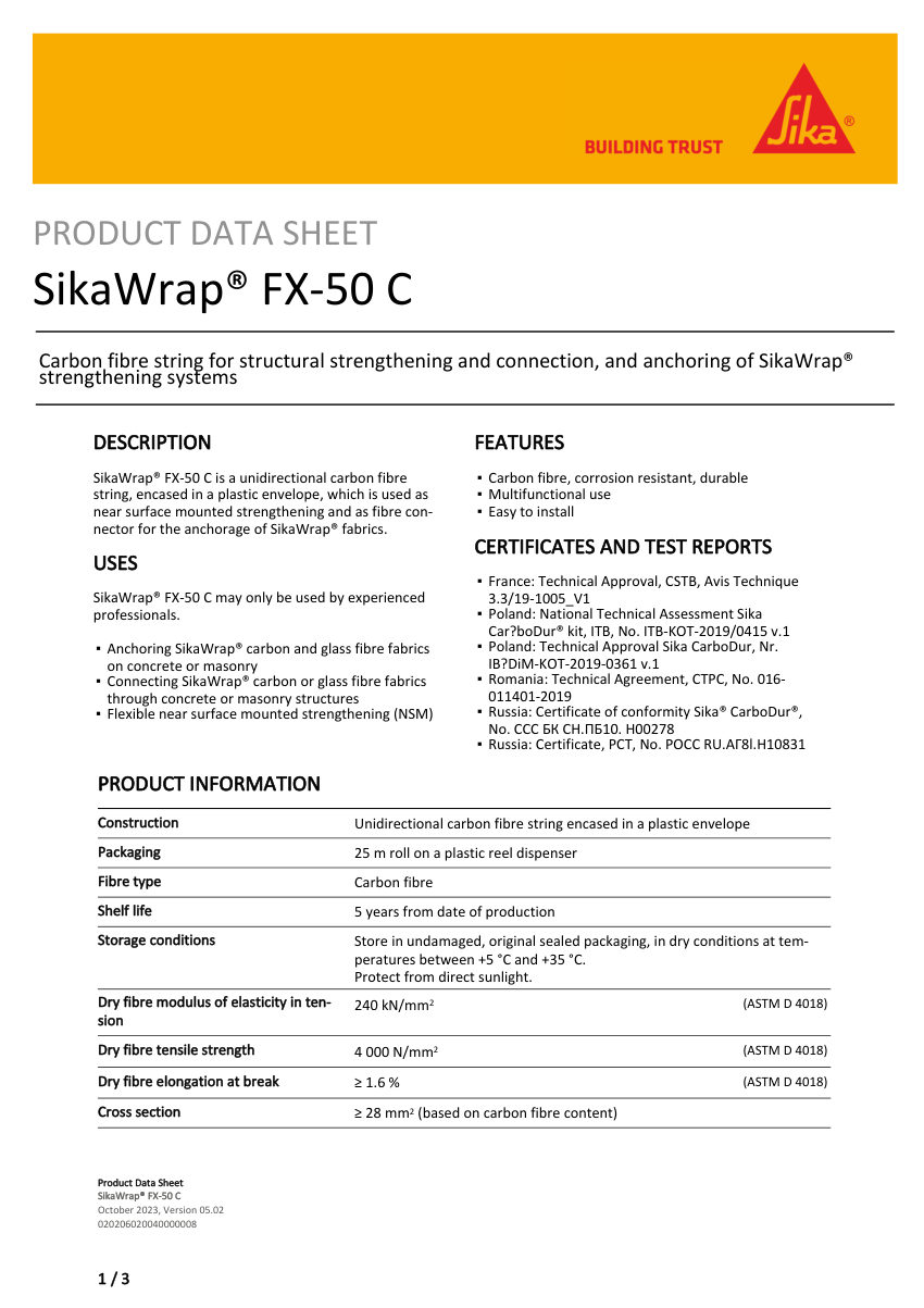 Sika SikaWrap® FX-50 C cut sheet — first page