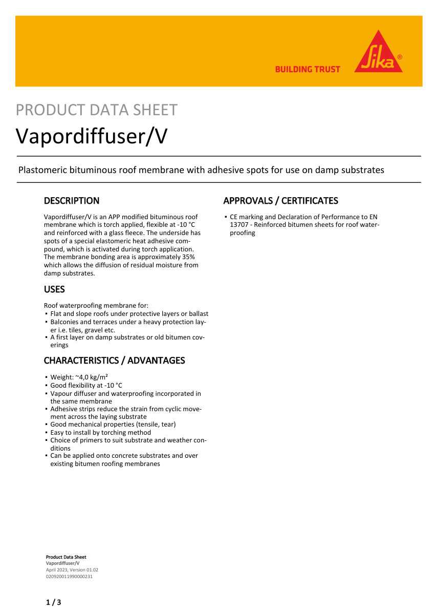 Sika Vapordiffuser/V cut sheet — first page