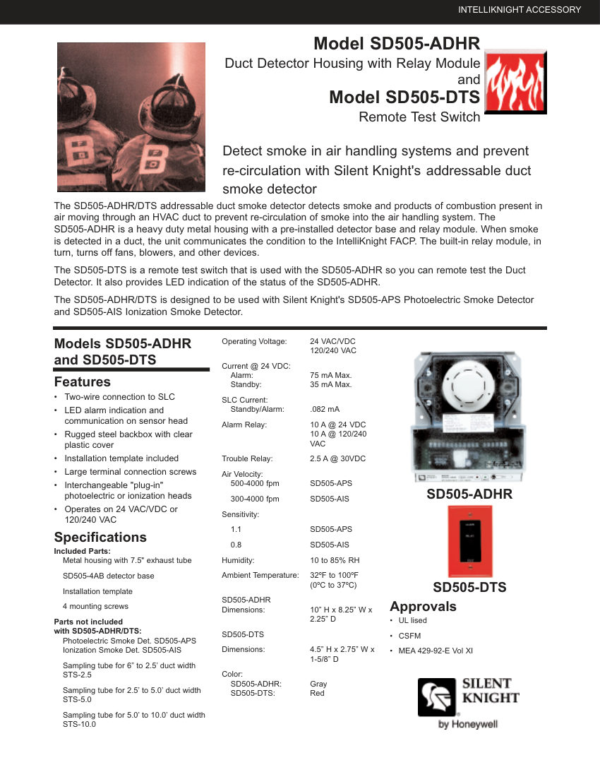 Silent Knight SD505-DTS cut sheet — first page
