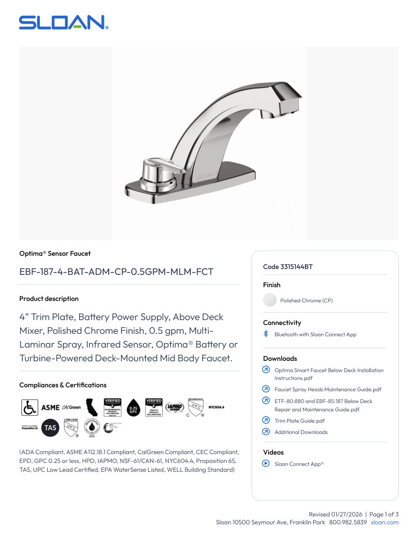 Sloan 3315144BT cut sheet — first page