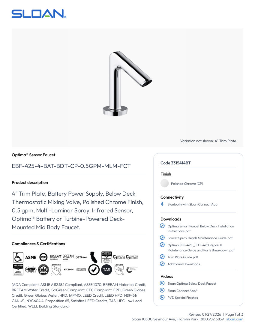 Sloan 3315414BT cut sheet — first page