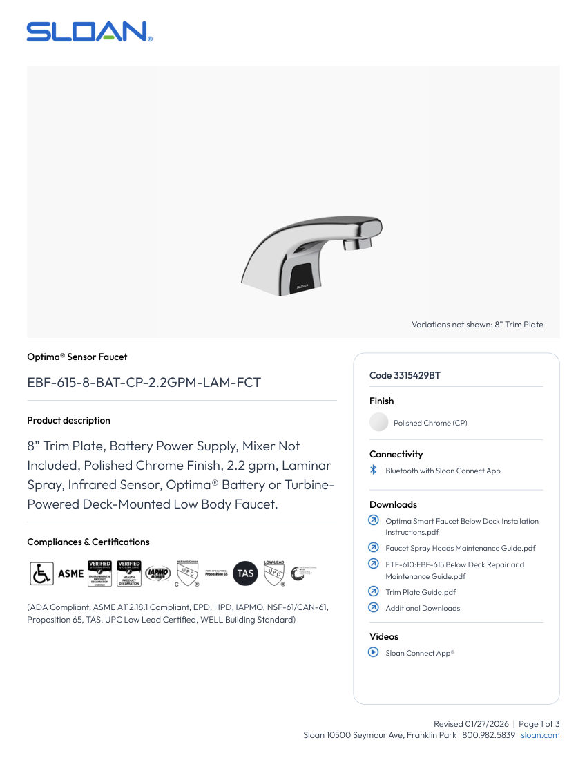 Sloan 3315429BT cut sheet — first page