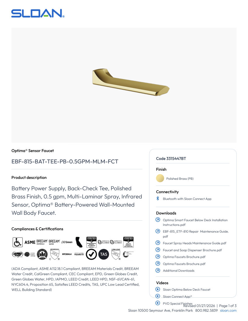 Sloan 3315447BT cut sheet — first page