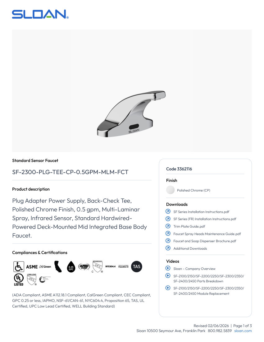 Sloan 3362116 cut sheet — first page