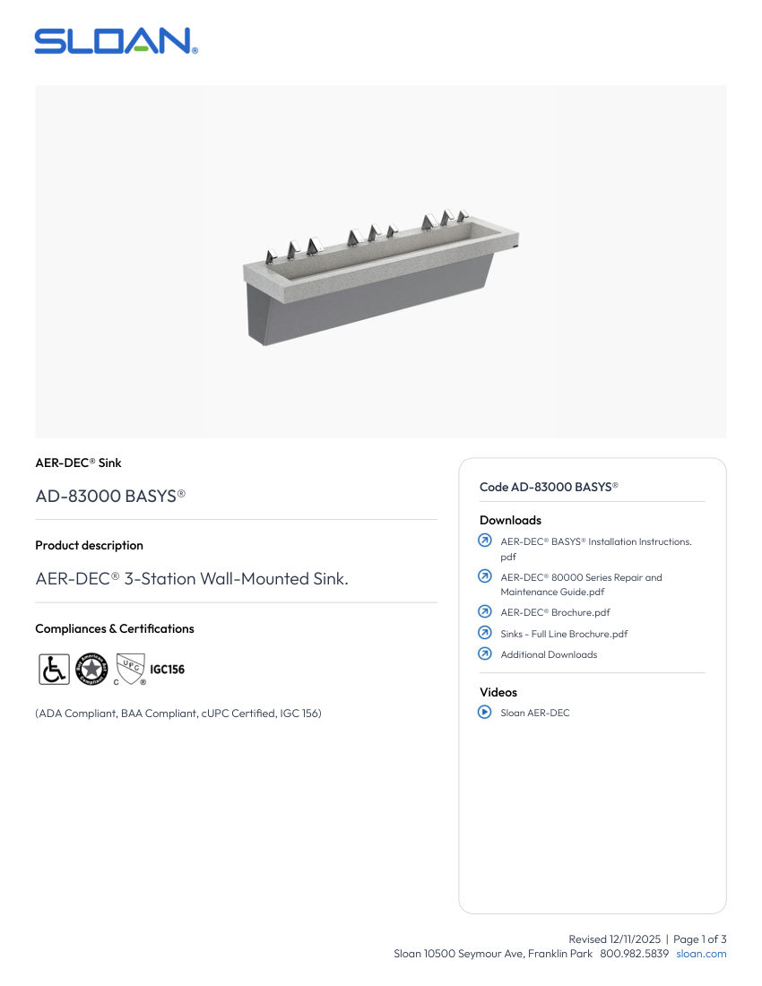 Sloan AD-83000-BASYS® cut sheet — first page