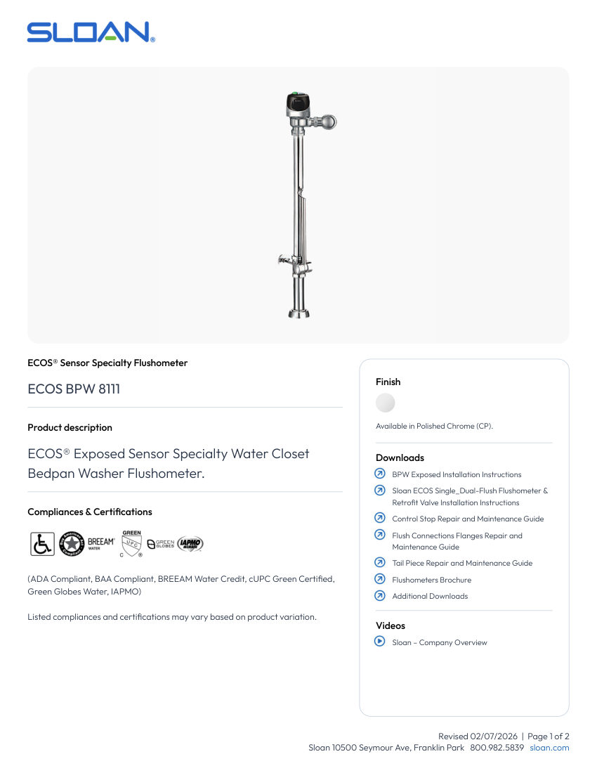 Sloan ECOS-BPW-8111 cut sheet — first page