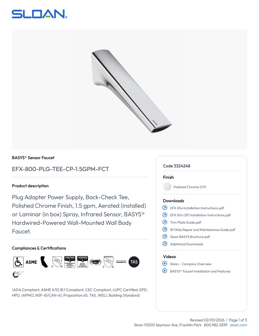 Sloan EFX-800-PLG-TEE-CP-1.5GPM-FCT cut sheet — first page