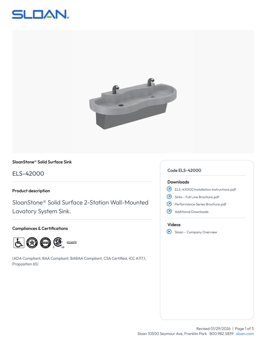 Sloan ELS-42000 cut sheet — first page