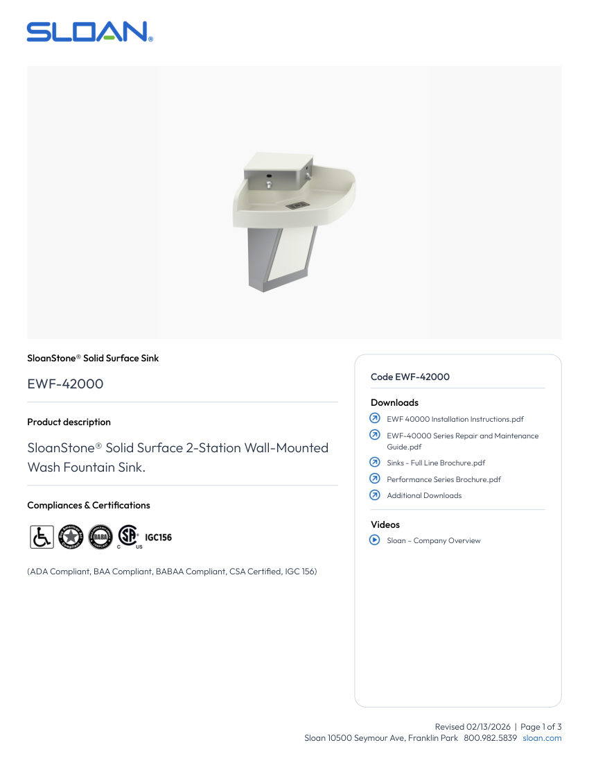 Sloan EWF-42000 cut sheet — first page