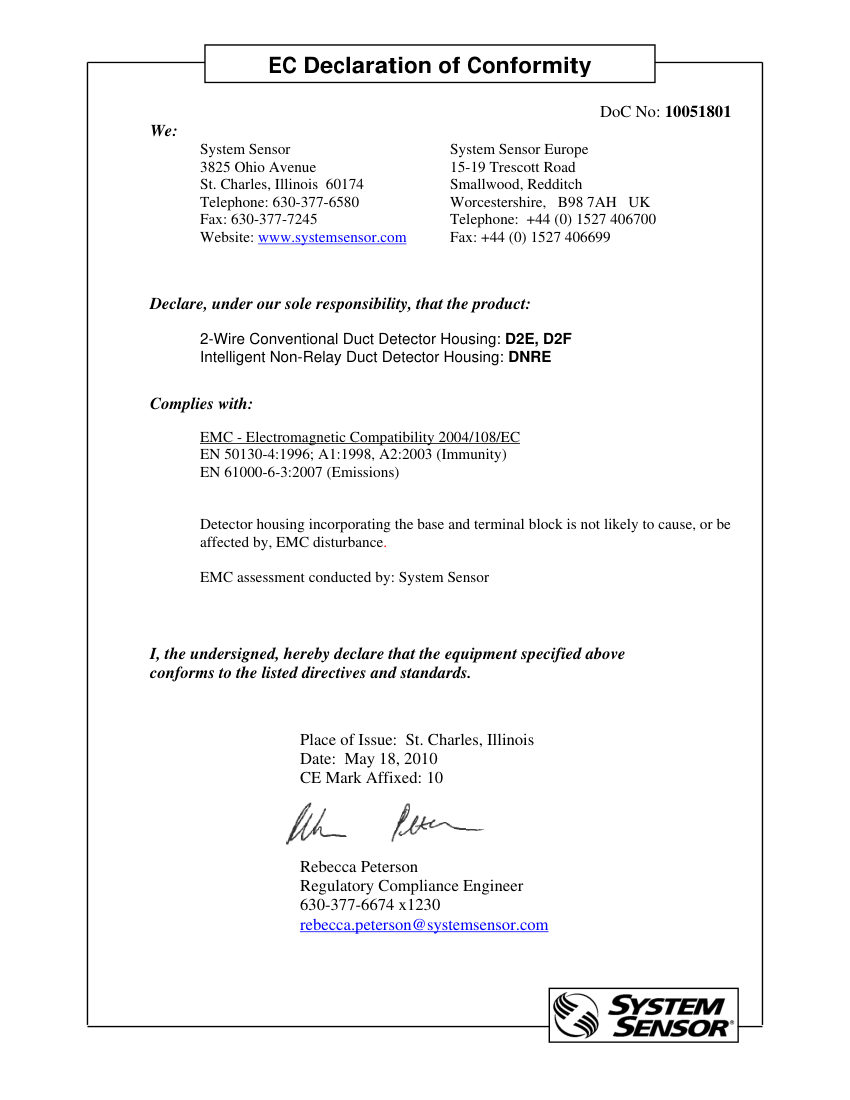 System Sensor DOC10051801 cut sheet — first page