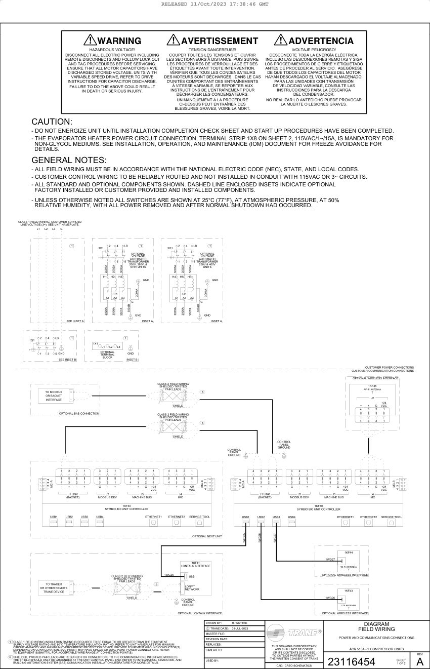 Trane 23116454_A cut sheet — first page