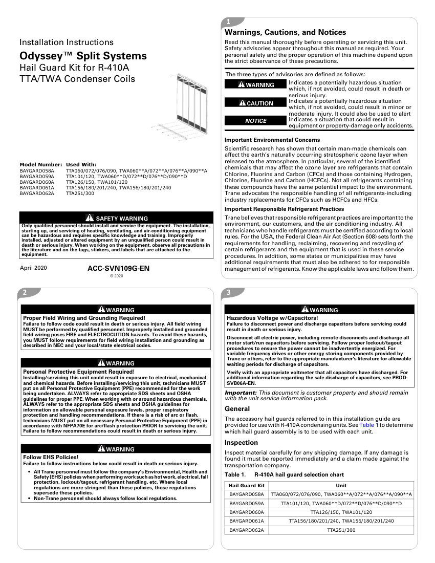 Trane ACC-SVN109G-EN cut sheet — first page