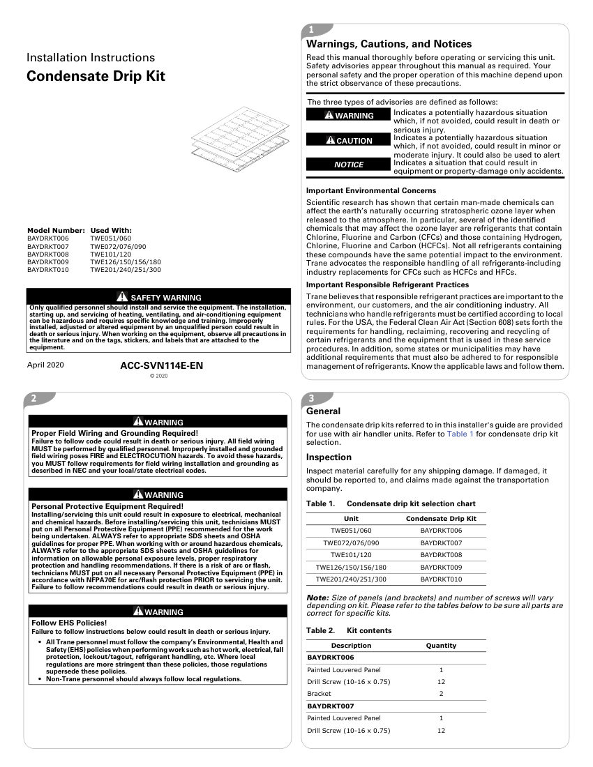 Trane ACC-SVN114E-EN cut sheet — first page