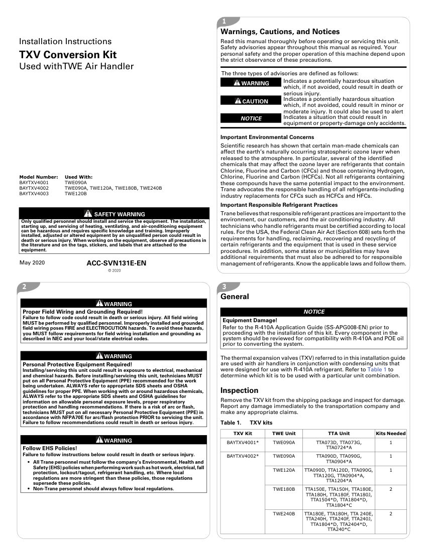 Trane ACC-SVN131E-EN cut sheet — first page
