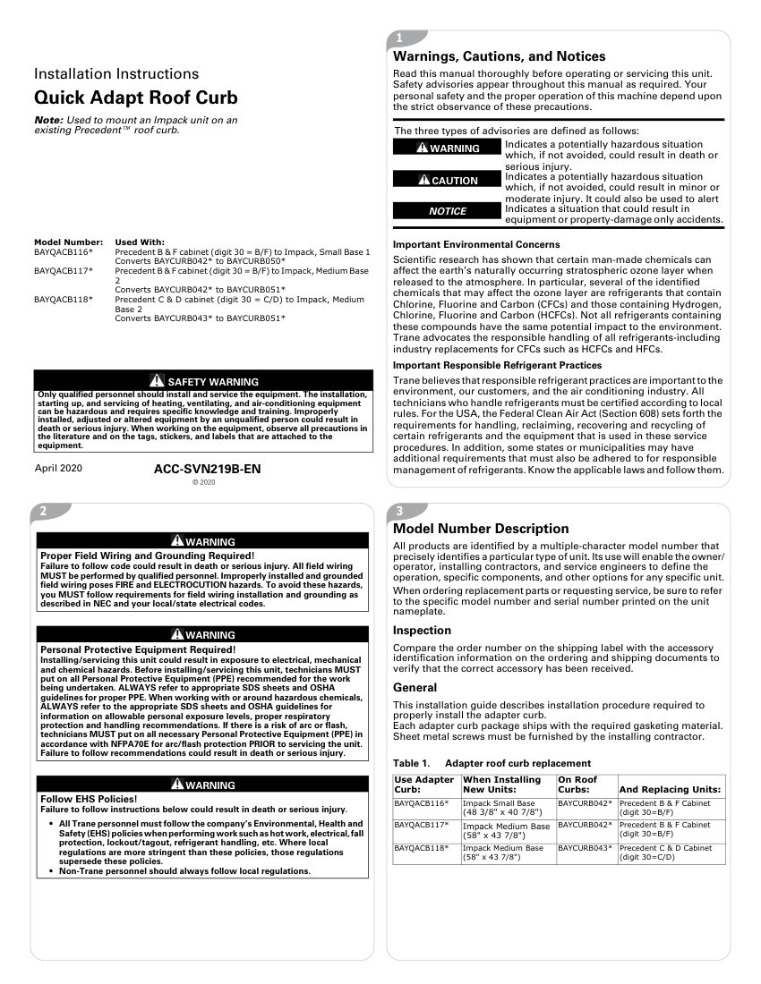 Trane ACC-SVN219B-EN cut sheet — first page