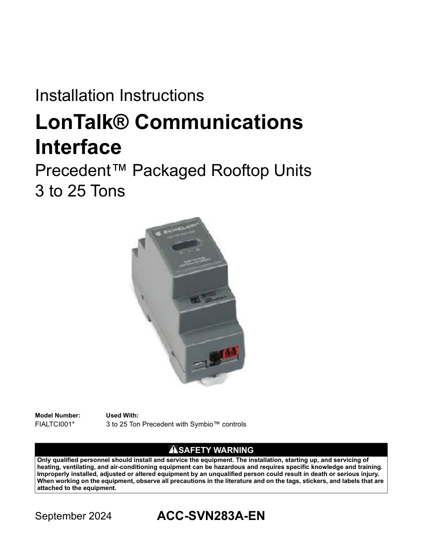 Trane ACC-SVN283A-EN cut sheet — first page