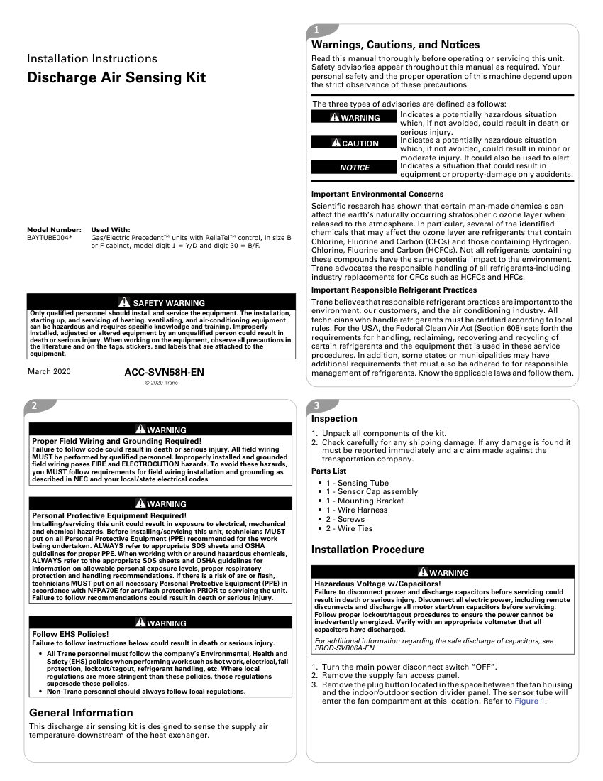 Trane ACC-SVN58H-EN cut sheet — first page