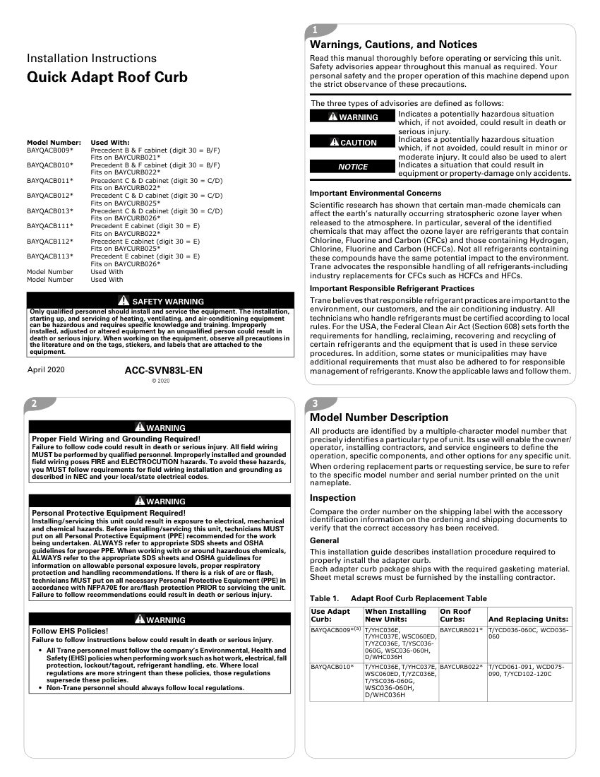 Trane ACC-SVN83L-EN cut sheet — first page