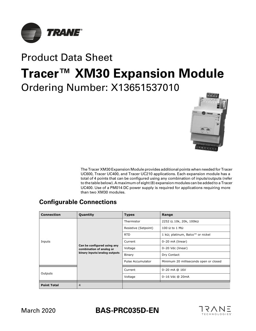 Trane BAS-PRC035D-EN cut sheet — first page