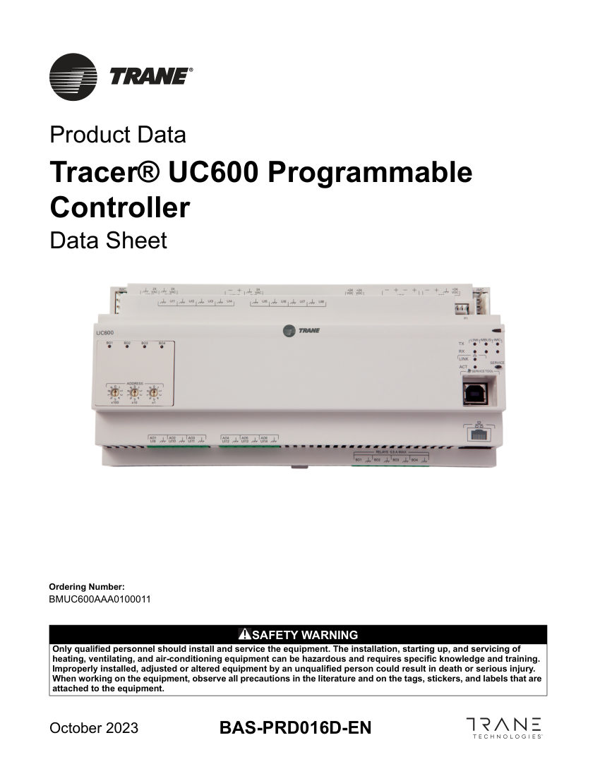 Trane BAS-PRD016D-EN cut sheet — first page