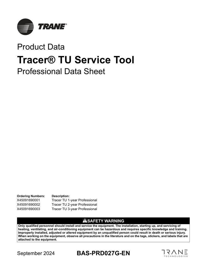 Trane BAS-PRD027G-EN cut sheet — first page